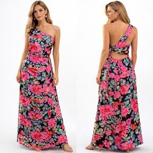 Floral One Shoulder Maxi Dress Black Pink S 0X New Romantic Vacation Cottagecore